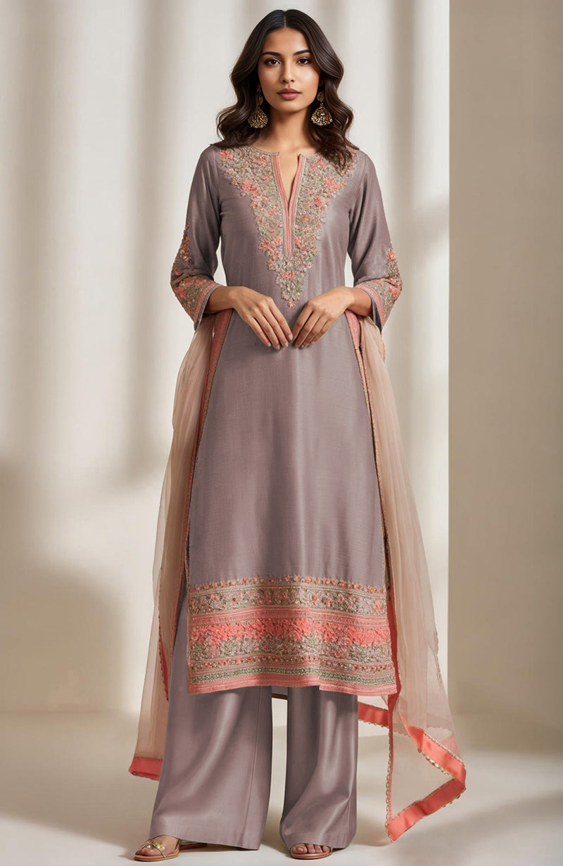 Sage green kurta set with salmon peach and gold floral embroidery and wide-leg trousers