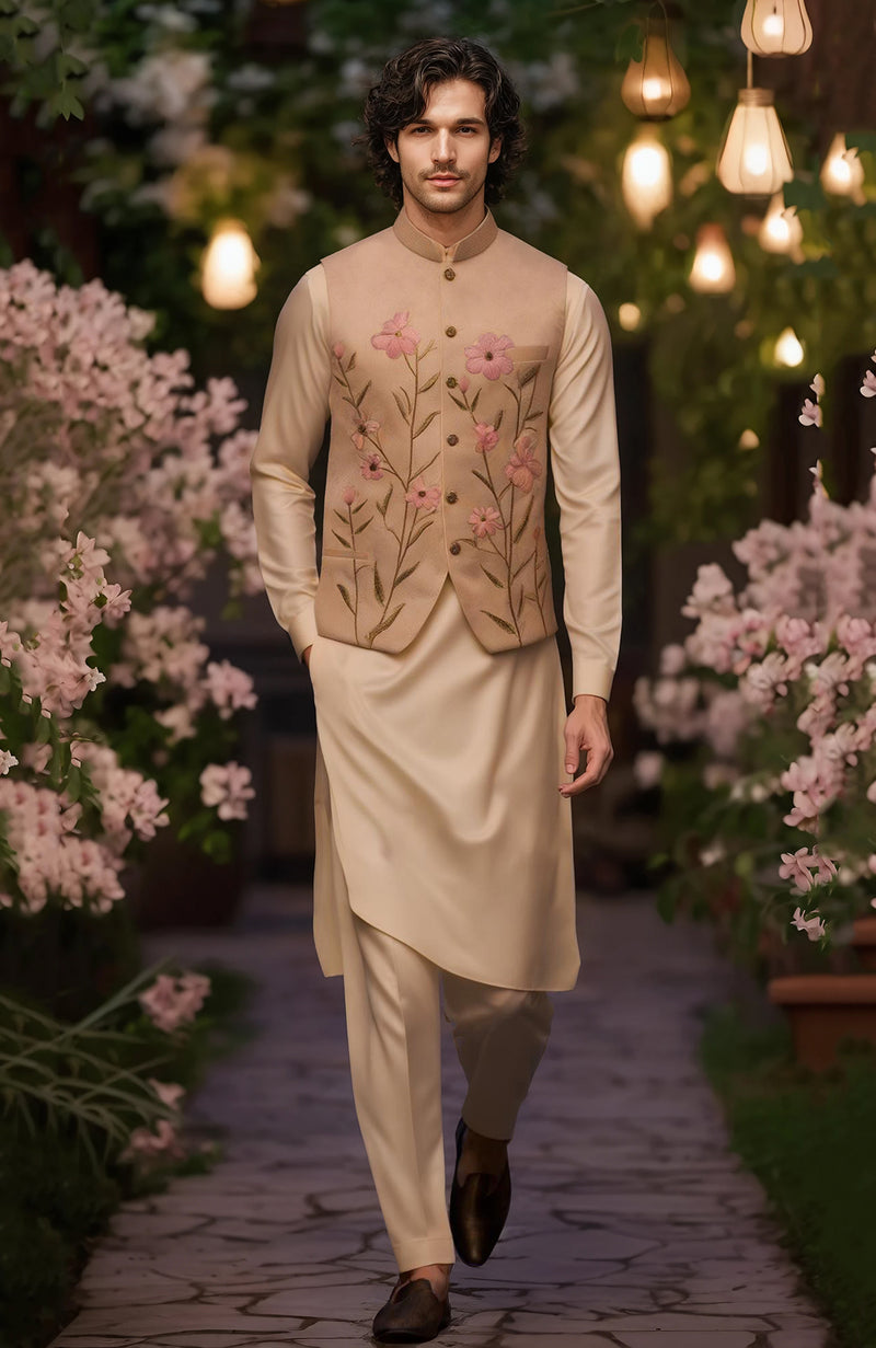 Light beige Kurta Set with Beige Floral Embroidered Bandi Jacket