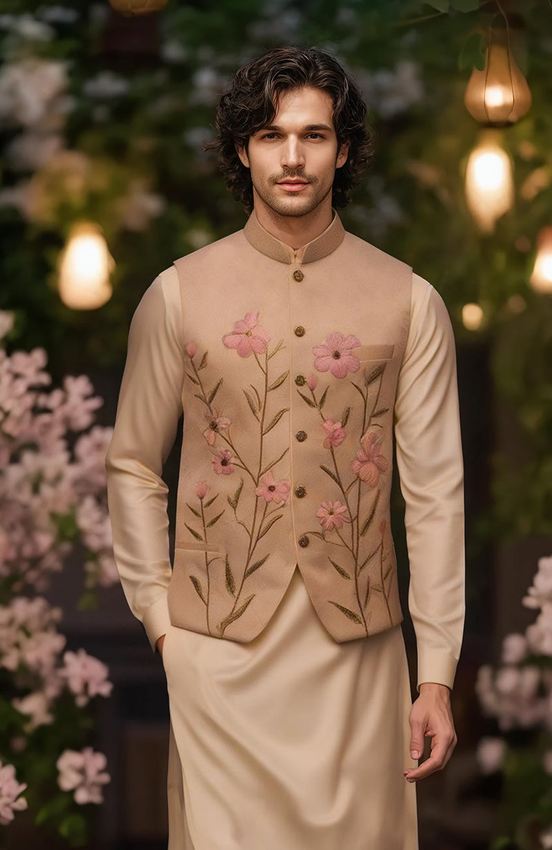 Light beige Kurta Set with Beige Floral Embroidered Bandi Jacket
