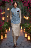 Beige Kurta Set with Mint Green Floral Embroidered Bandi Jacket