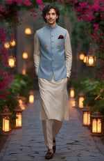 Beige Kurta Set with Mint Green Floral Embroidered Bandi Jacket