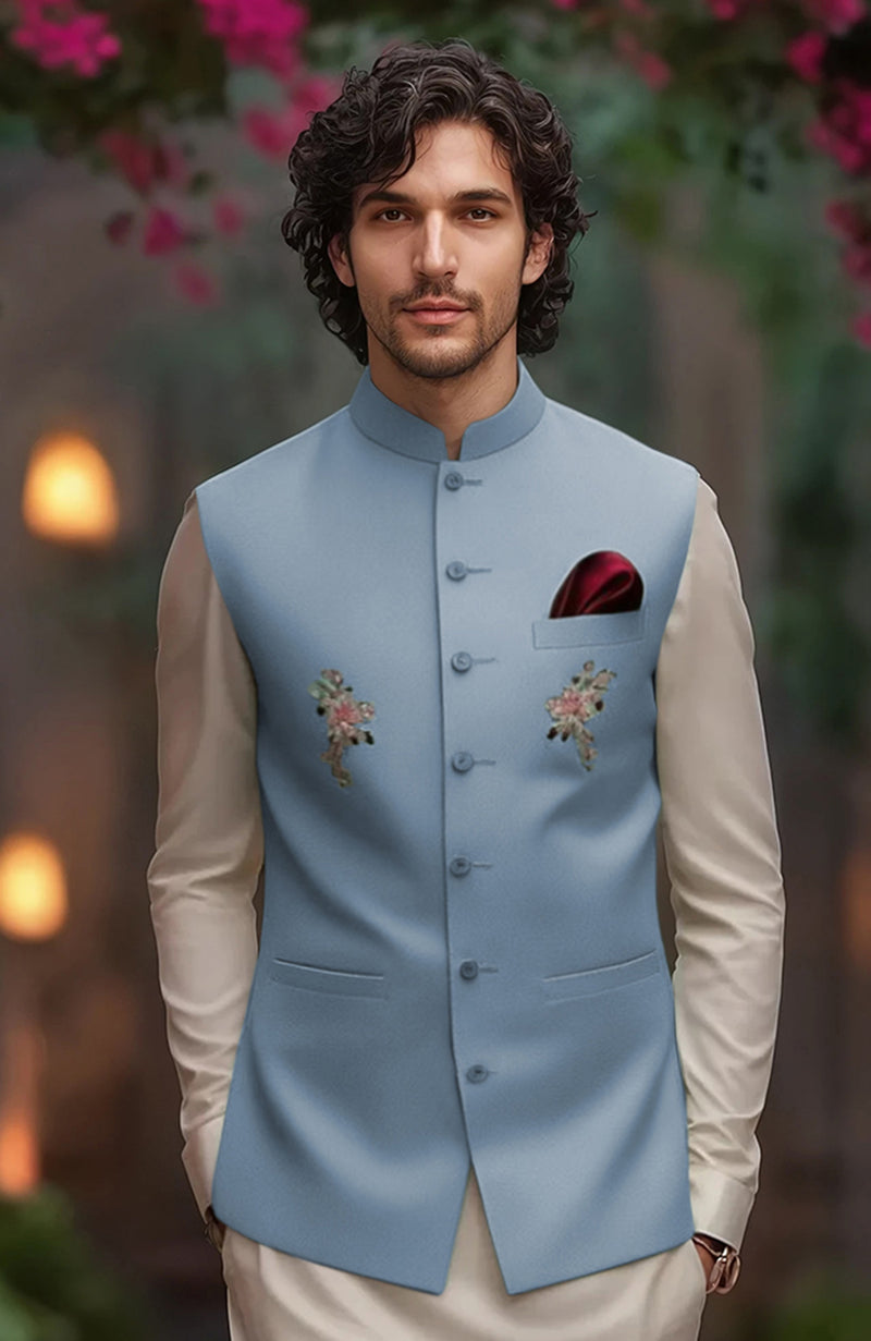 Beige Kurta Set with  Powdered Indigo Floral Embroidered Bandi Jacket