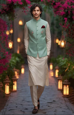 Beige Kurta Set with  Powdered Indigo Floral Embroidered Bandi Jacket