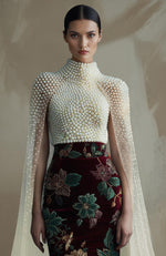 Crimson Bloom Pearl Embroidered Floral Skirt Set