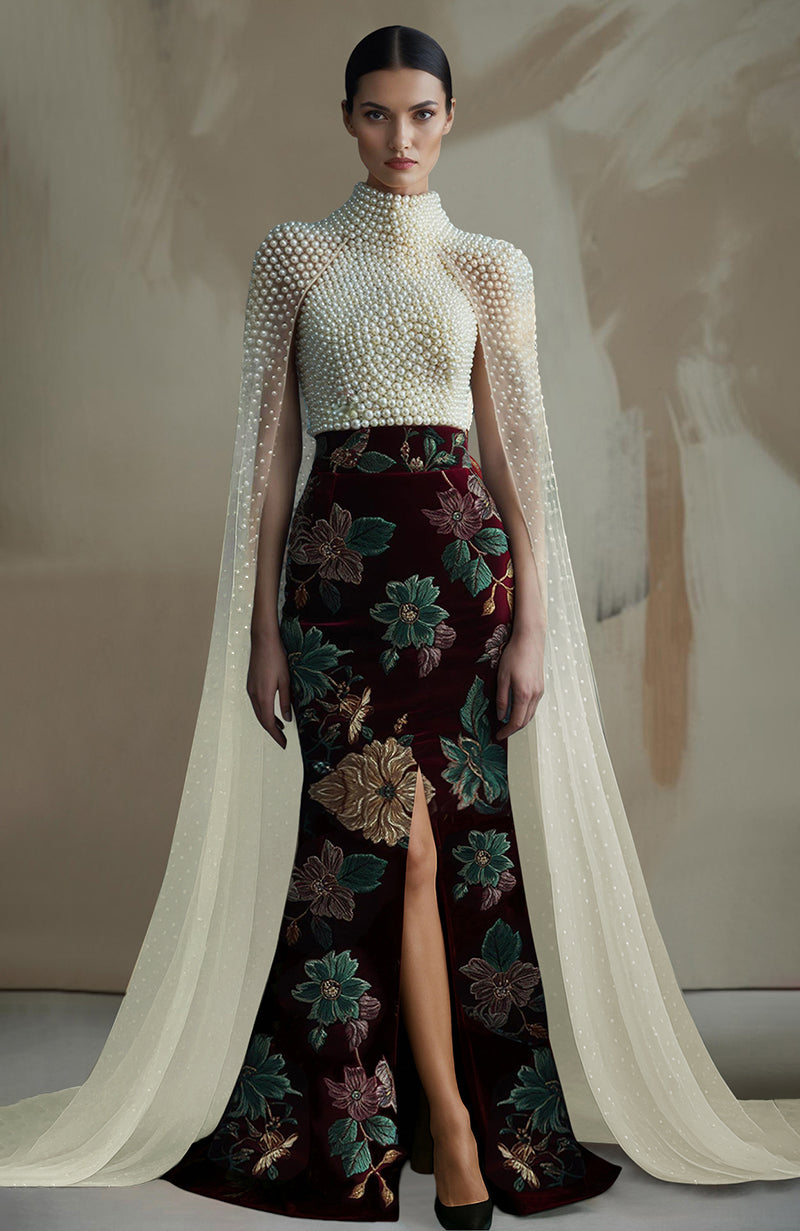 Crimson Bloom Pearl Embroidered Floral Skirt Set