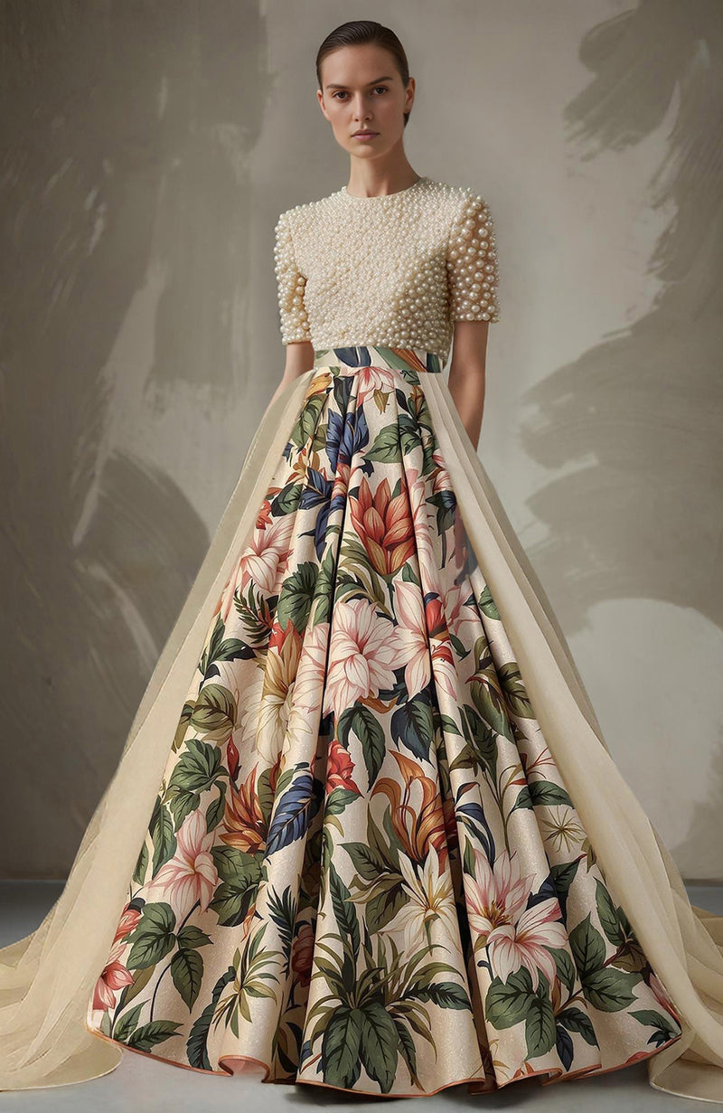 SereniFlora Pearl Embroidered Floral Skirt Set