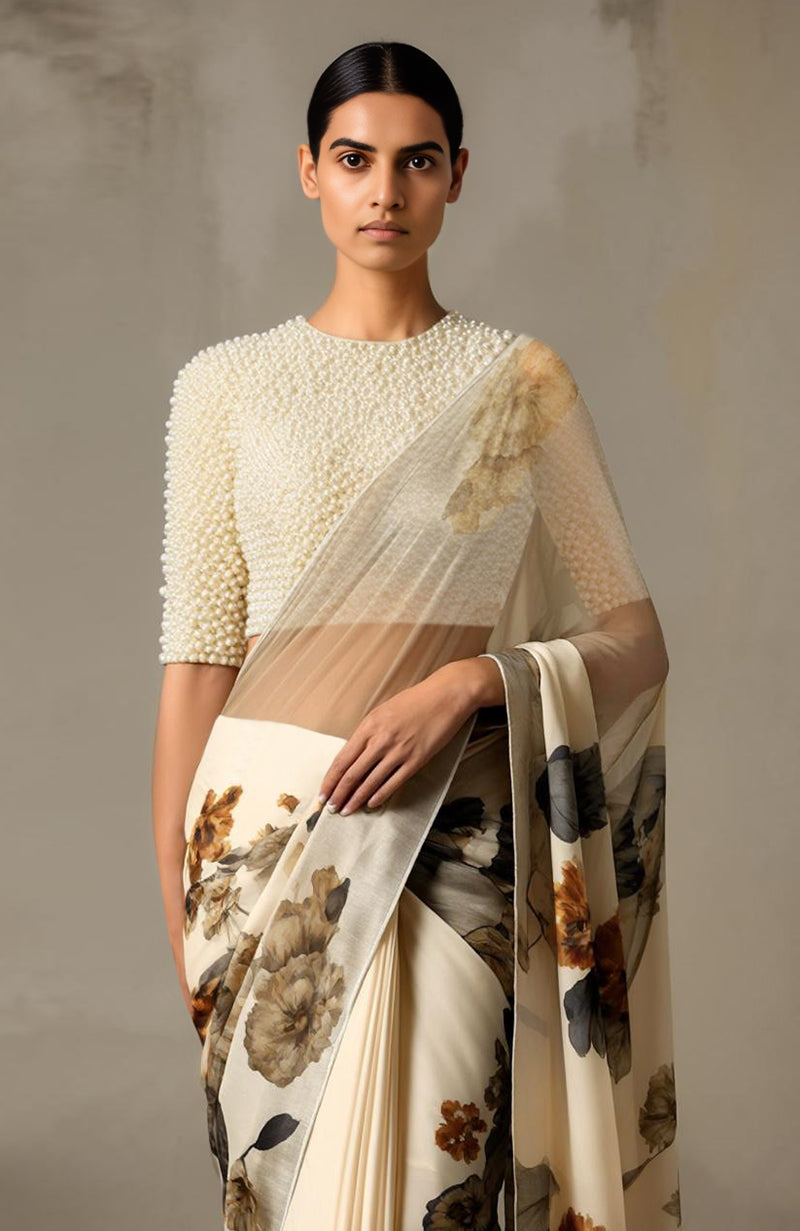 Ivory Bloom Floral Saree with Pearl Embellished Blouse