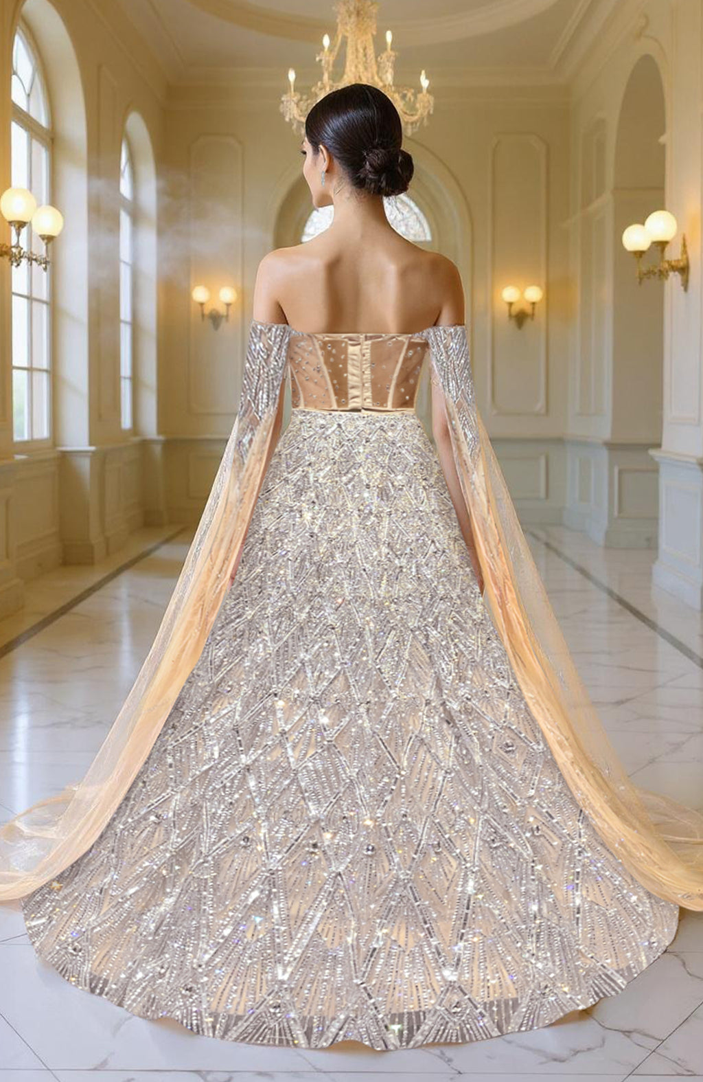 Silver champagne lehenga set with hand embroidery, sculpted corset blouse, and tulle cape sleeves.