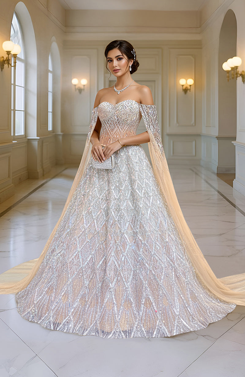 LAILA- Silver Champagne Hand Embroidered Lehenga Set With Cape Sleeves