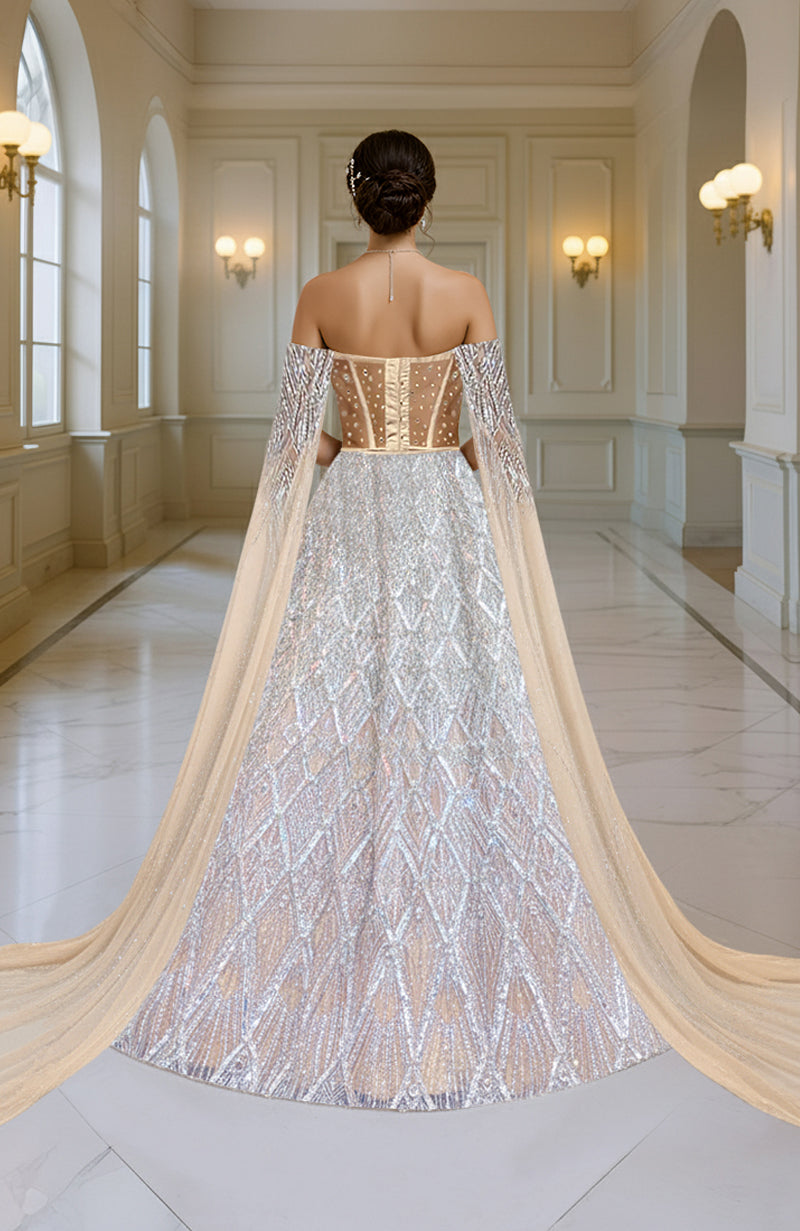 LAILA- Silver Champagne Hand Embroidered Lehenga Set With Cape Sleeves