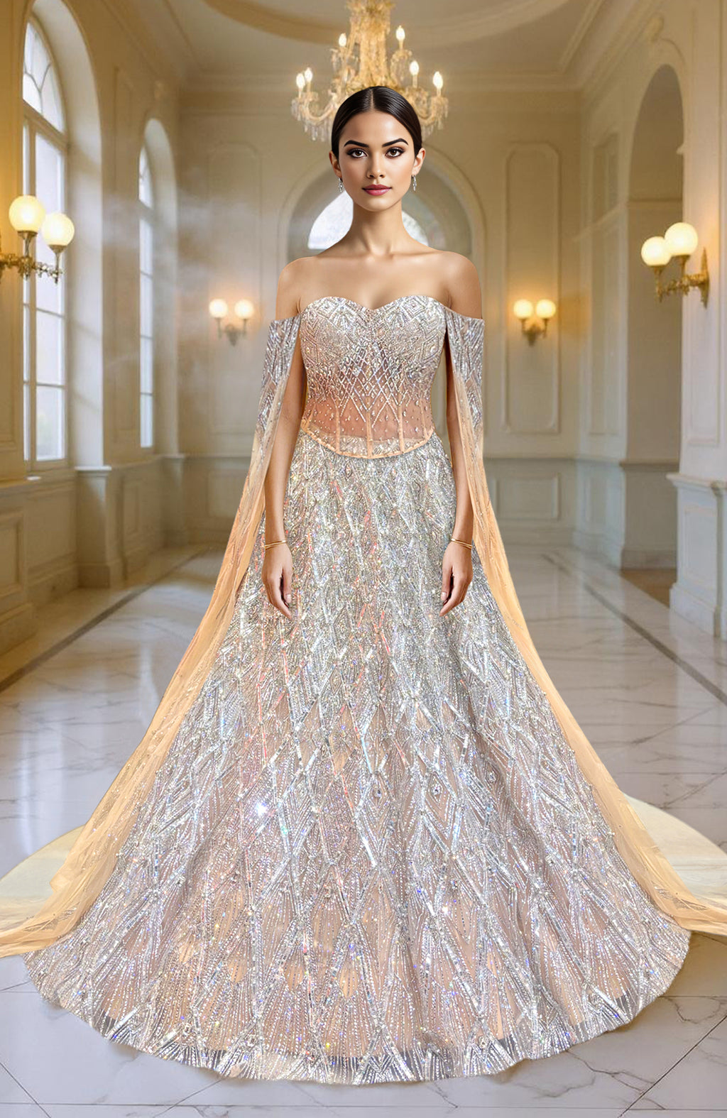 Silver champagne lehenga set with hand embroidery, sculpted corset blouse, and tulle cape sleeves.