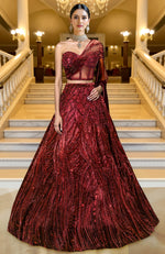 LAILA-  Wine Hand Embroidered Lehenga Set With Cape