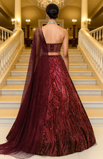 LAILA-  Wine Hand Embroidered Lehenga Set With Cape