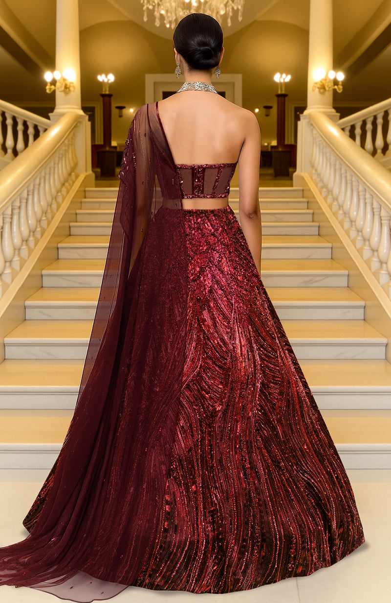 LAILA-  Wine Hand Embroidered Lehenga Set With Cape