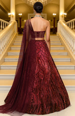 LAILA-  Wine Hand Embroidered Lehenga Set With Cape