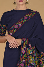 Midnight Blue Kashmir Kani Art Embroidered Pure Crepe Silk Saree With Blouse