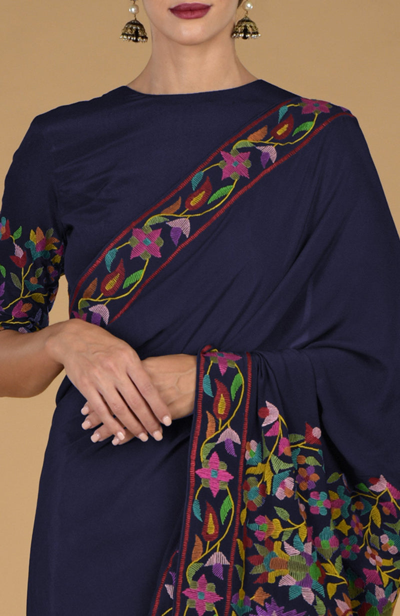 Midnight Blue Kashmir Kani Art Embroidered Pure Crepe Silk Saree With Blouse