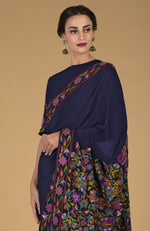 Midnight Blue Kashmir Kani Art Embroidered Pure Crepe Silk Saree With Blouse