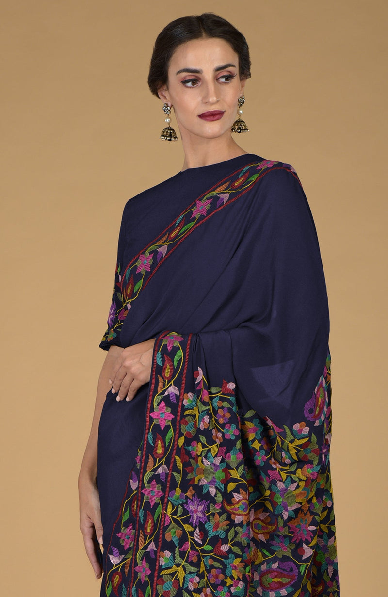 Midnight Blue Kashmir Kani Art Embroidered Pure Crepe Silk Saree With Blouse