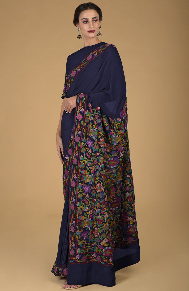 Midnight Blue Kashmir Kani Art Embroidered Pure Crepe Silk Saree With Blouse