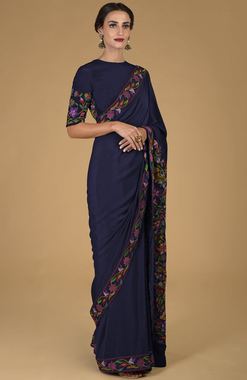 Midnight Blue Kashmir Kani Art Embroidered Pure Crepe Silk Saree With Blouse