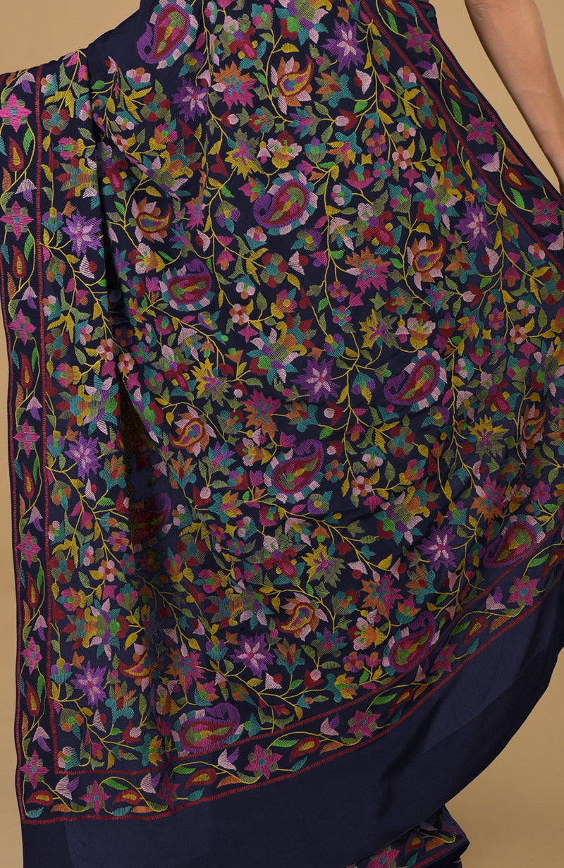 Midnight Blue Kashmir Kani Art Embroidered Pure Crepe Silk Saree With Blouse