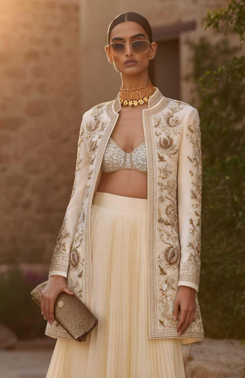 The Regal Threadwork Jacket Set – Ivory Gold