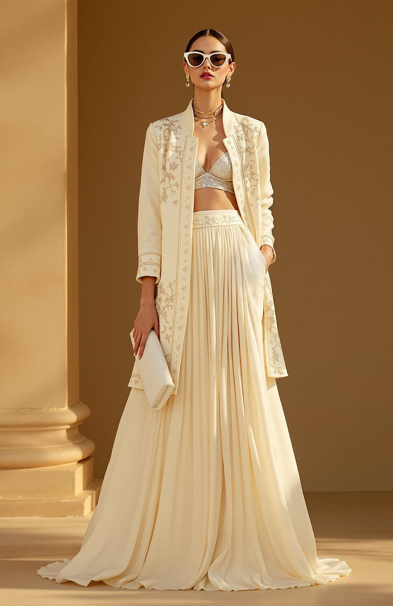 The Modern Muse Embroidered Jacket Set – Ivory Gold