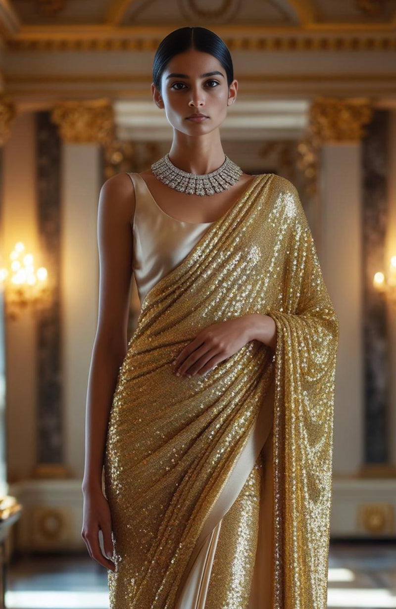 Golden saree fully covered in gold sequins with satin pleats and a sleeveless blouse.