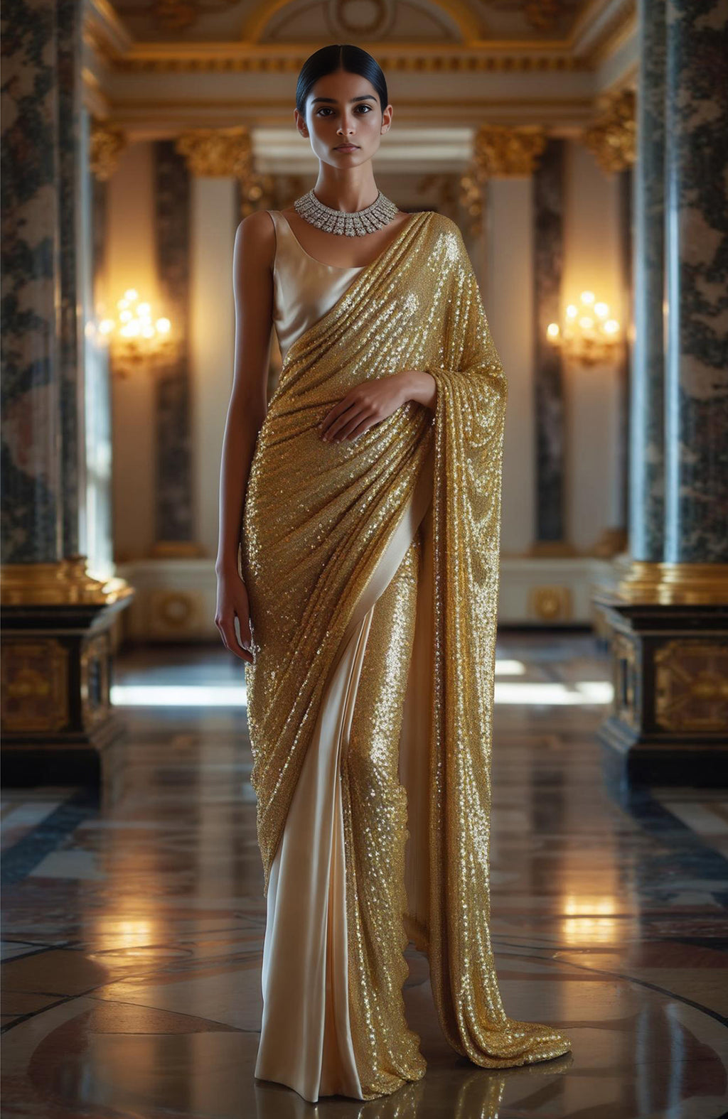 Golden saree fully covered in gold sequins with satin pleats and a sleeveless blouse.