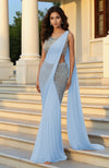 A pre-draped saree with a silver sequin-embroidered blouse and a nude-champagne skirt.