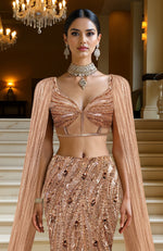 LAILA- Rose Gold Hand  Embroidered Mermaid Lehenga Set With Cape