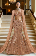 LAILA- Rose Gold Hand  Embroidered Mermaid Lehenga Set With Cape