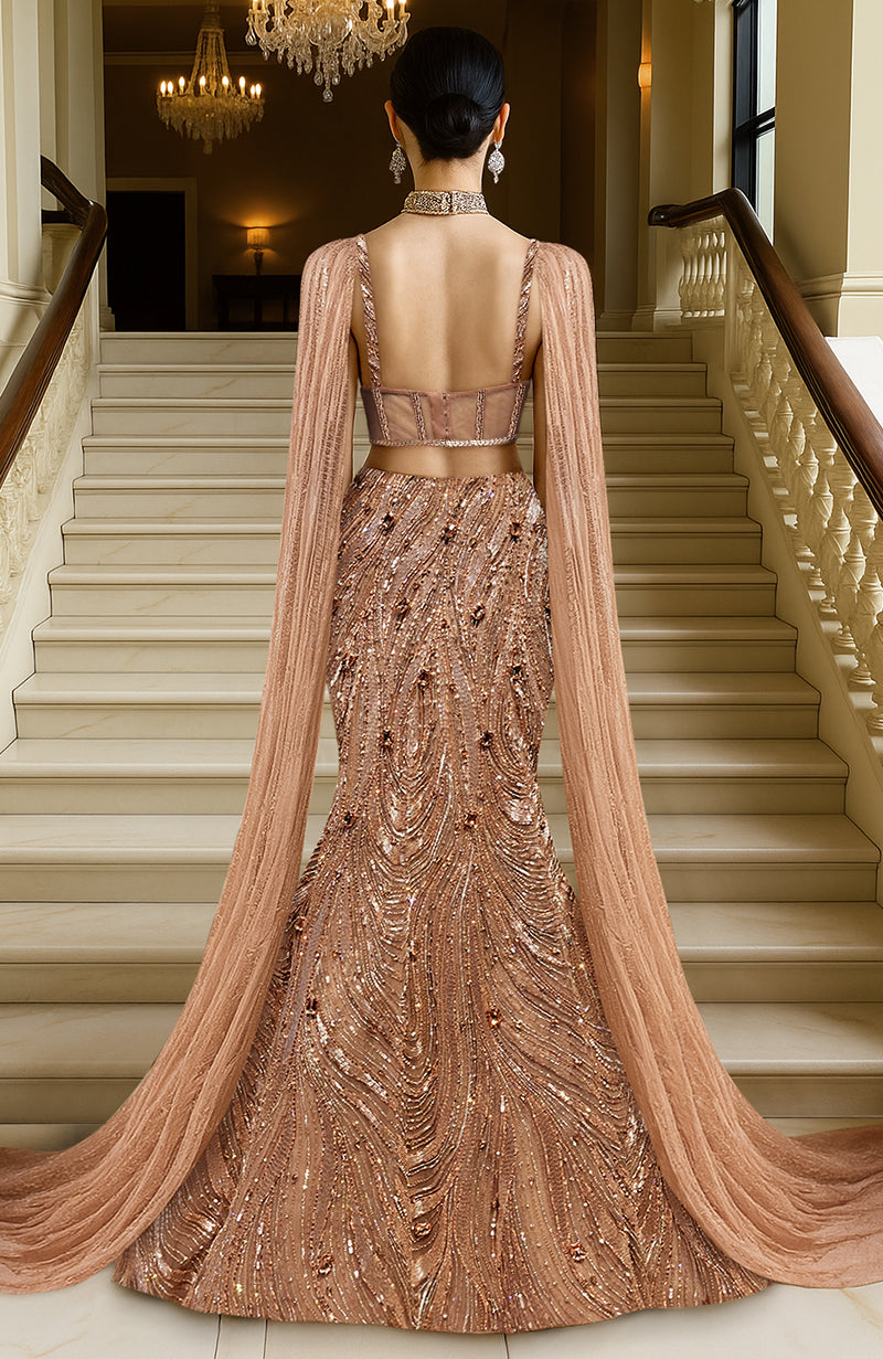 LAILA- Rose Gold Hand  Embroidered Mermaid Lehenga Set With Cape