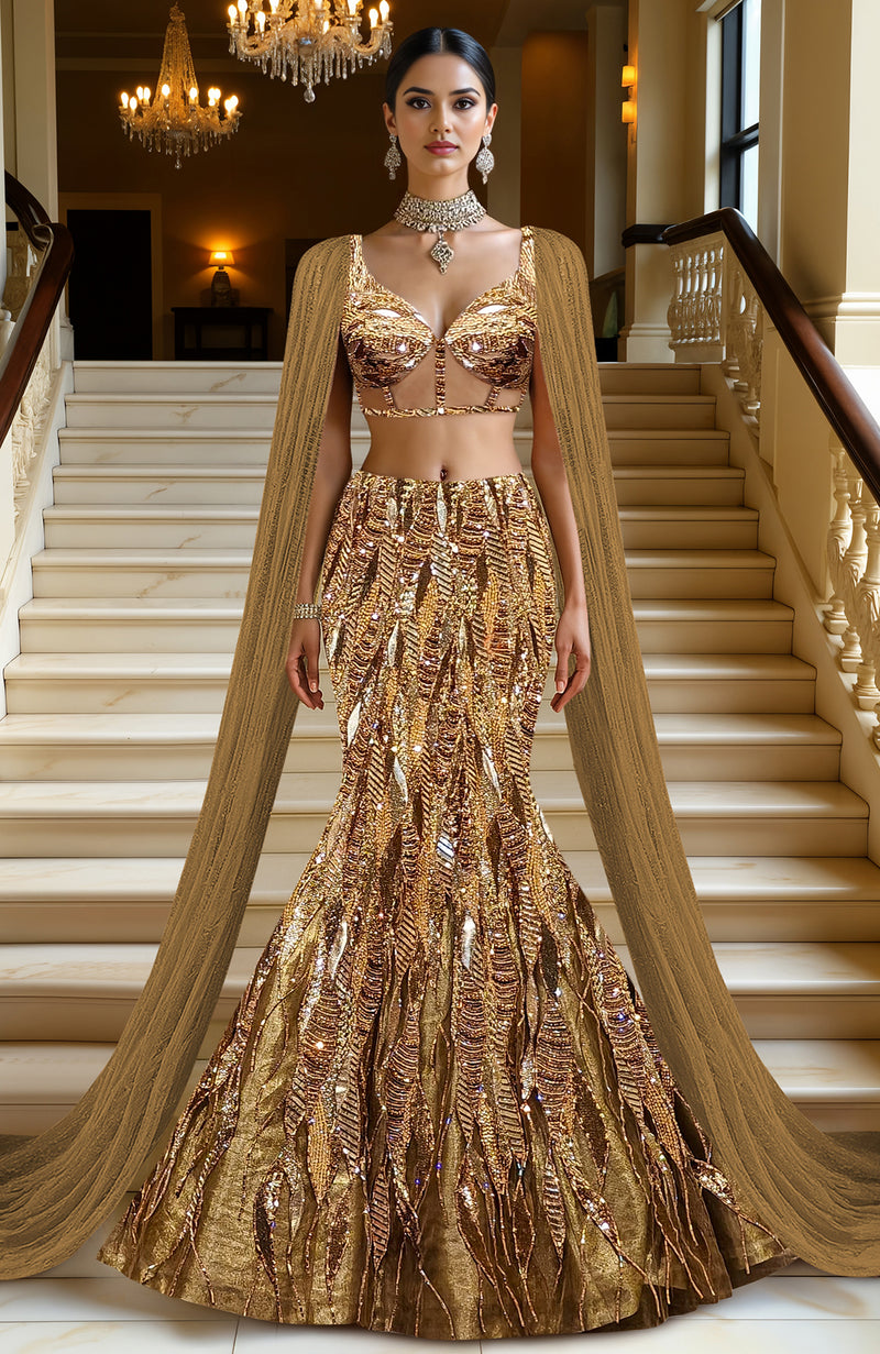 LAILA- Gold Hand Embroidered Mermaid Lehenga Set With Cape