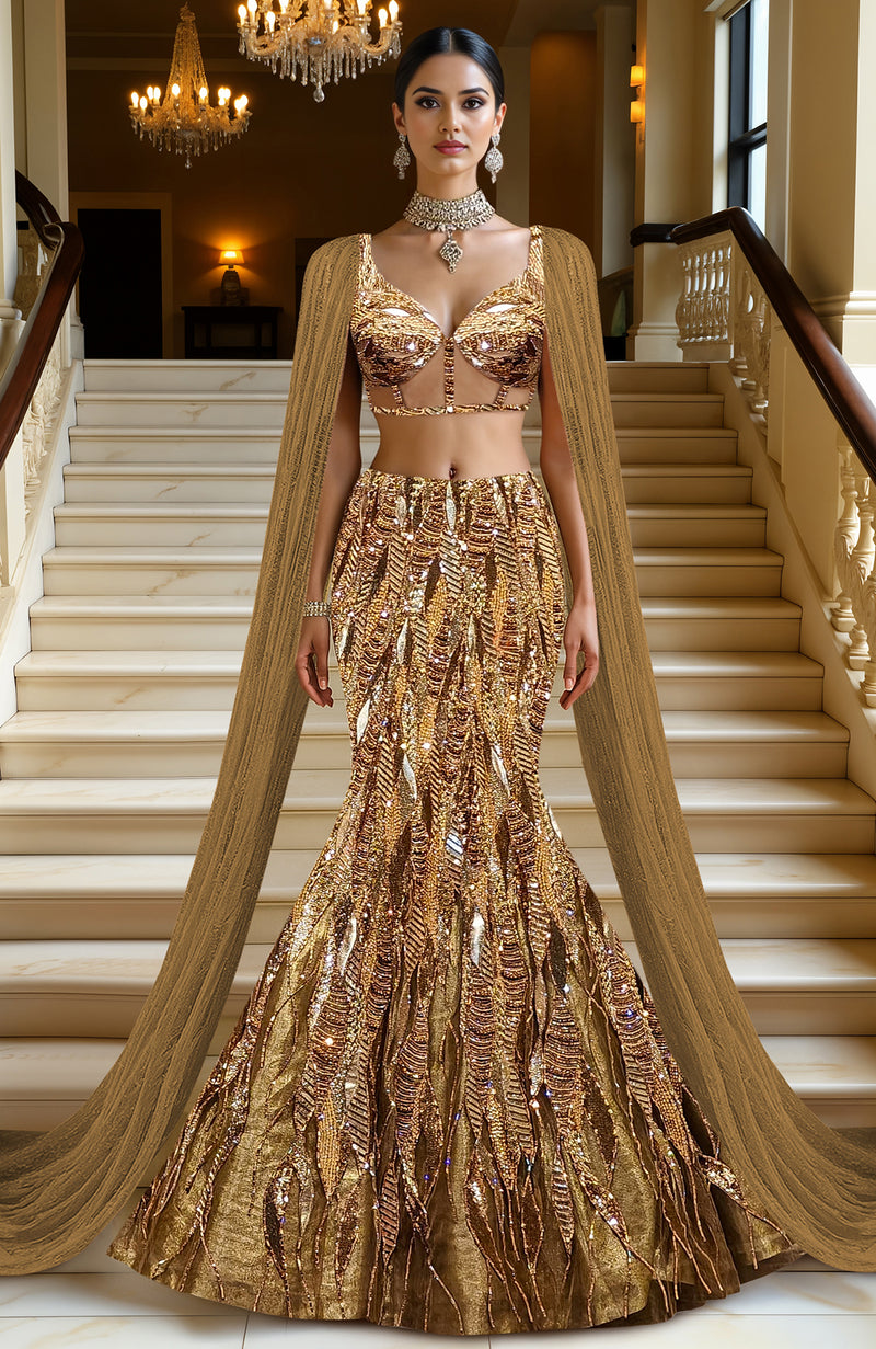 LAILA- Gold Hand Embroidered Mermaid Lehenga Set With Cape