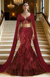 LAILA-  Wine Hand Embroidered Mermaid Lehenga Set With Cape