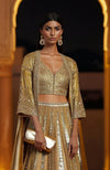 Gold Mirror-Sequin-Zardozi Hand Embroidered Lehenga with Cape– LUMINOUS from the Jalwa Sangeet Collection by Talking Threads