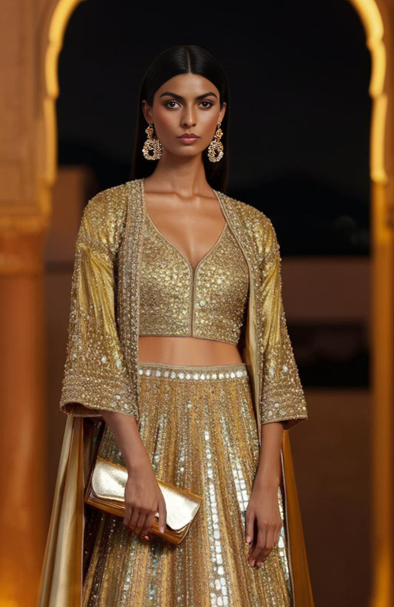 Gold Mirror-Sequin-Zardozi Hand Embroidered Lehenga with Cape– LUMINOUS from the Jalwa Sangeet Collection by Talking Threads