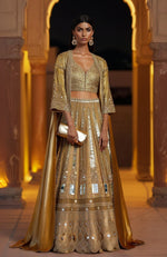 Gold Mirror-Sequin-Zardozi Hand Embroidered Lehenga with Cape– LUMINOUS from the Jalwa Sangeet Collection by Talking Threads