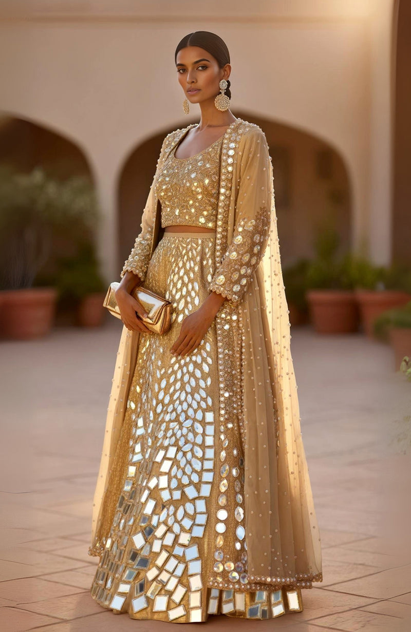 Golden Mirror Hand Embroidered Lehenga Set with Pearl Cape – SOLSTICE from the JALWA Collection by Talking Threads