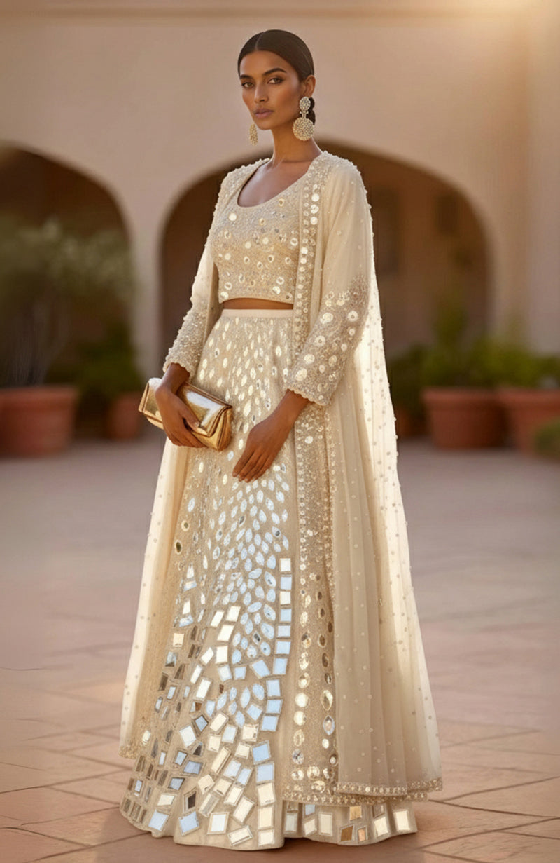 Golden lehenga set with hand-embroidered mirrors and sequins, paired with a sheer pearl cape.