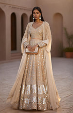 Champagne Mirage Mirror Hand Embroidered Lehenga Set with Cape – Jalwa by Talking Threads