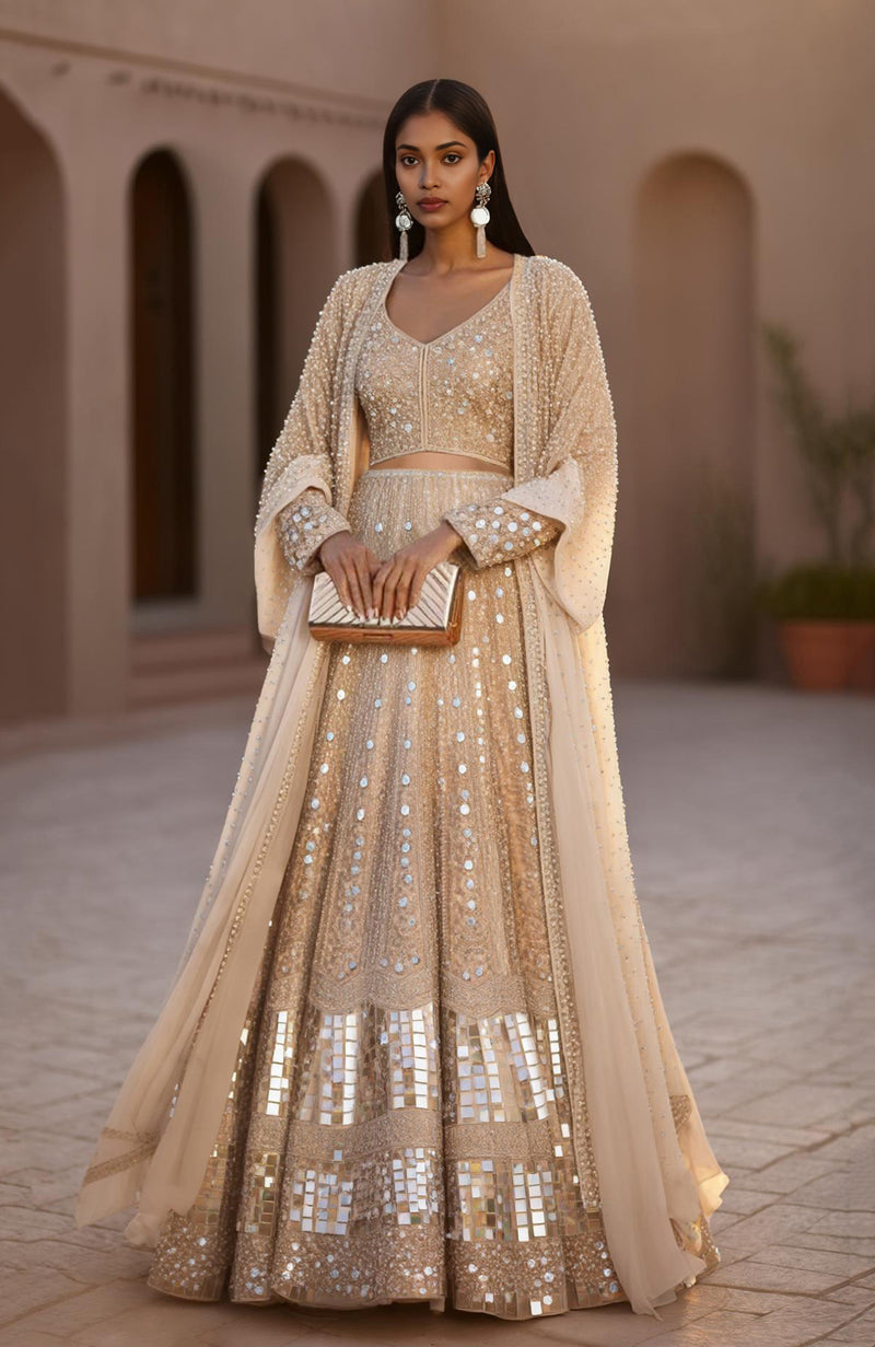 Champagne Mirage Mirror Hand Embroidered Lehenga Set with Cape – Jalwa by Talking Threads