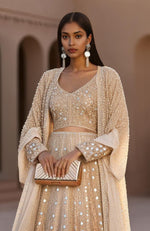 Champagne Mirage Mirror Hand Embroidered Lehenga Set with Cape – Jalwa by Talking Threads