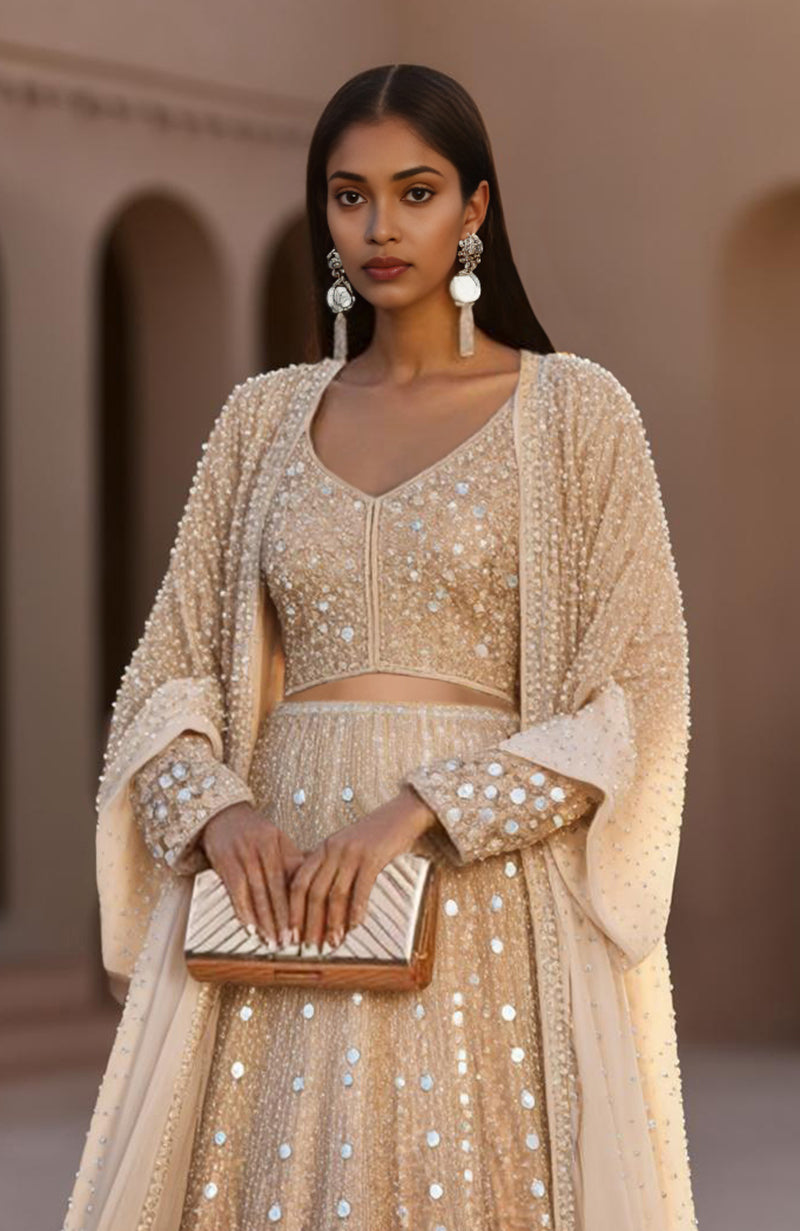 Champagne Mirage Mirror Hand Embroidered Lehenga Set with Cape – Jalwa by Talking Threads