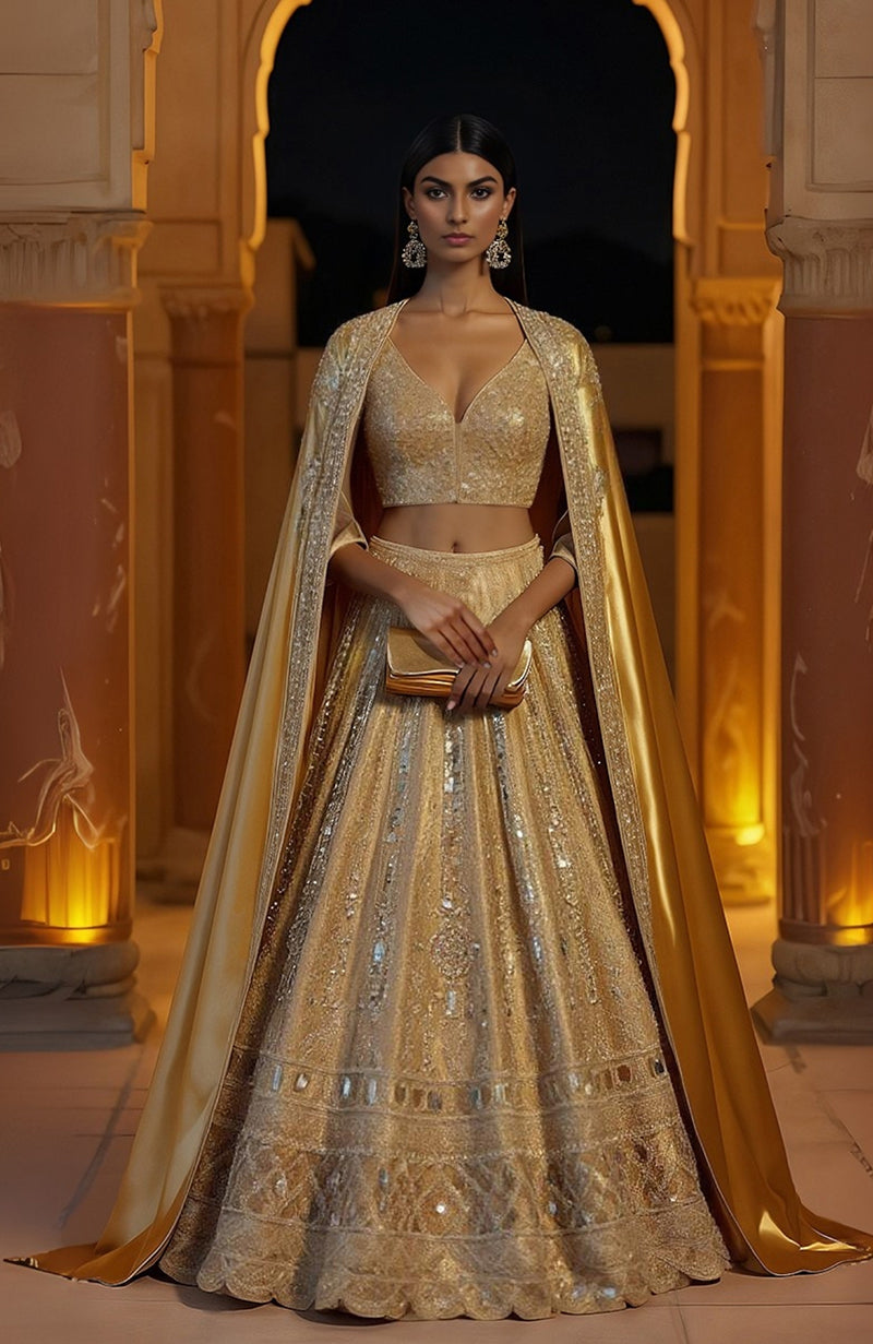 Auric Aura Mirror Embroidered Lehenga Set with Cape –  Couture Sangeet & Reception Ensemble | Jalwa by Talking Threads