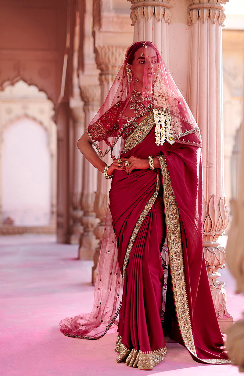 Blood Red- Gold Zardozi Hand Embroidered Pure Silk Saree