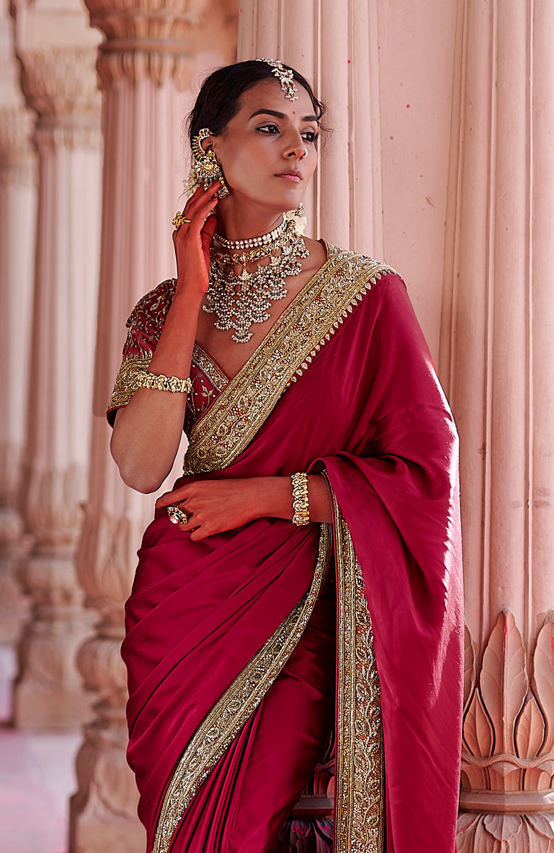 Blood Red- Gold Zardozi Hand Embroidered Pure Silk Saree