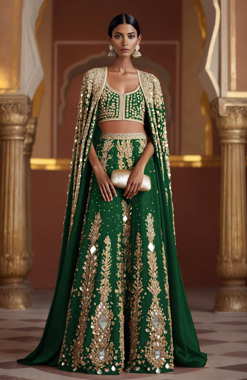 Amber lehenga with mirrorwork and sequins, paired with a full-length mirror cape and sleeveless blouse.